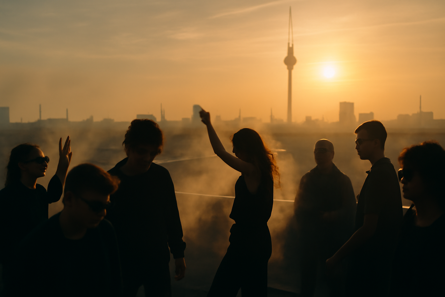 Ravers sur un rooftop berlinois au lever du soleil pendant un after rave techno