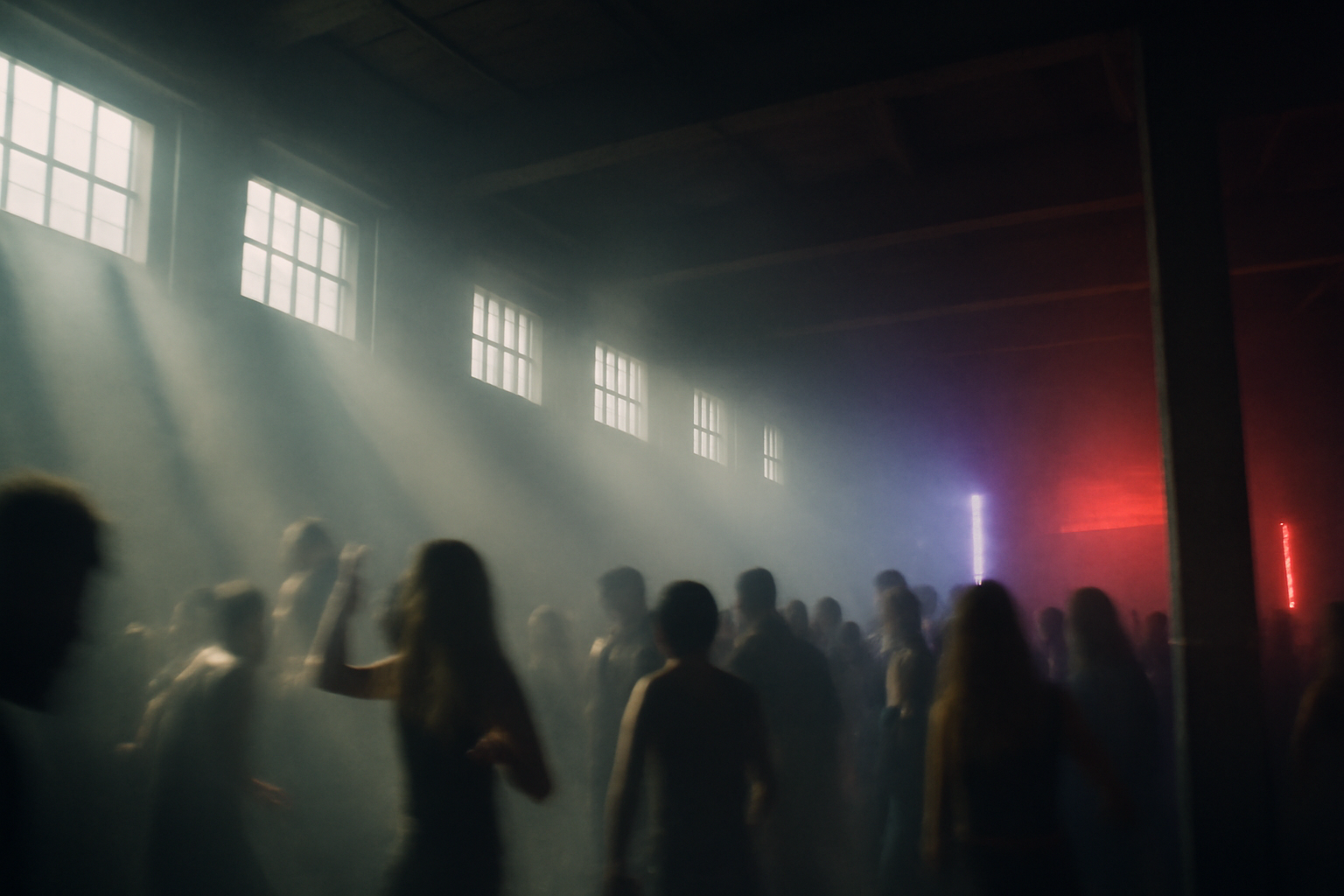 Warehouse rave techno avec rayons de lumiere du jour qui transpercent les fenetres industrielles