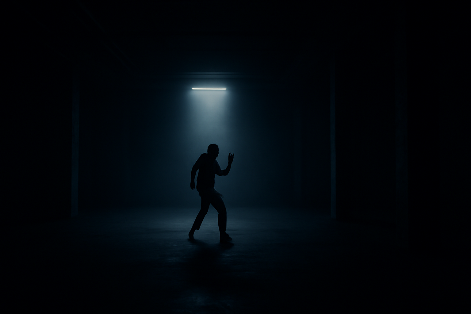 Danseur solitaire dans un warehouse de minimal techno, ambiance depouillee