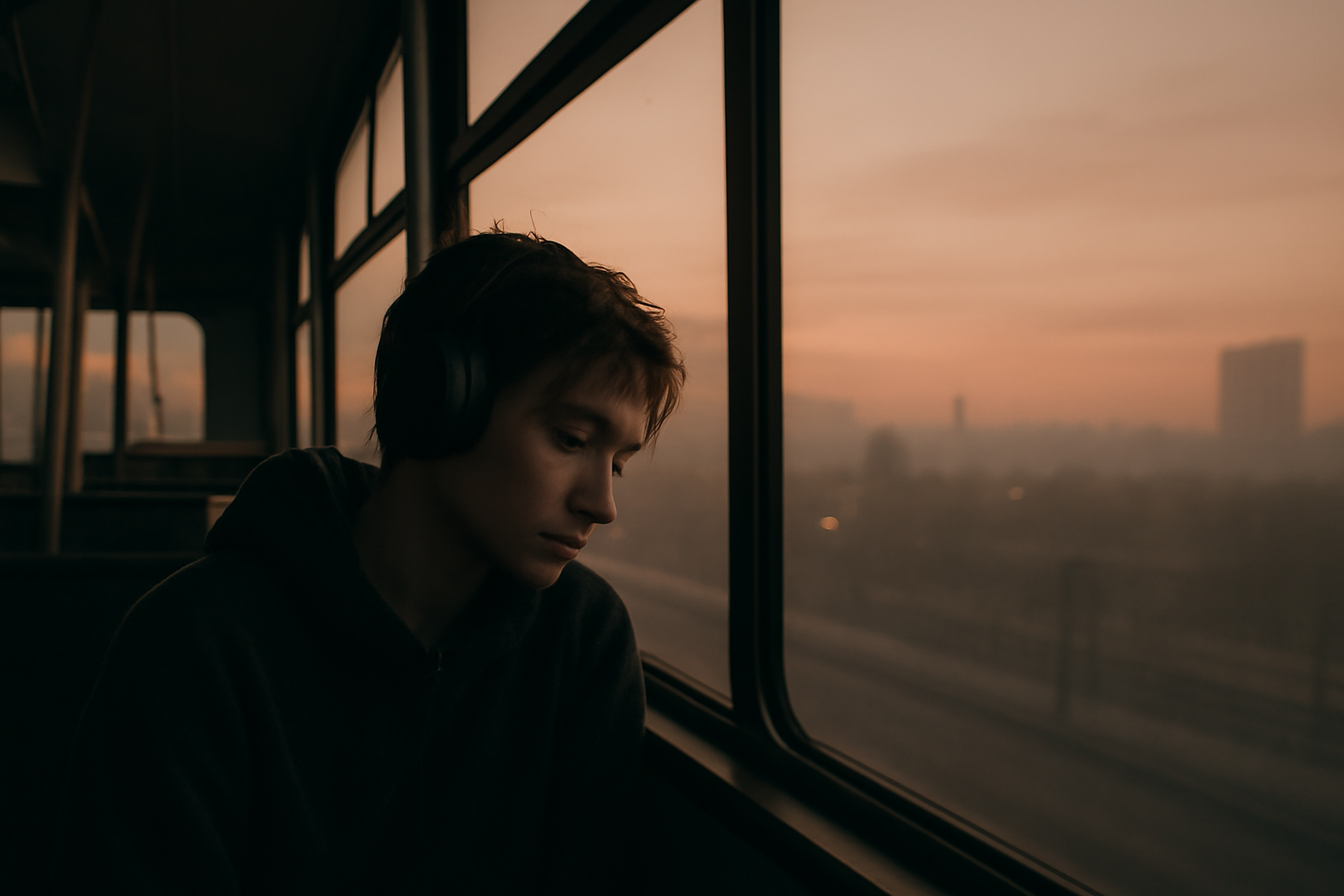 Jeune raver avec un casque dans le train à l'aube, descente d'after au lever du soleil