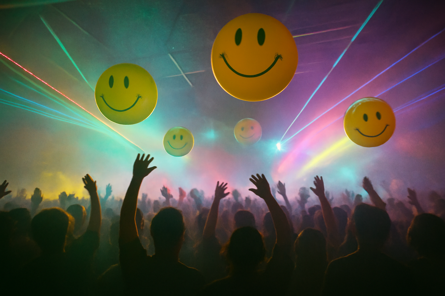 Rave acid house de la fin des annees 80 avec ballons smiley jaunes et lasers