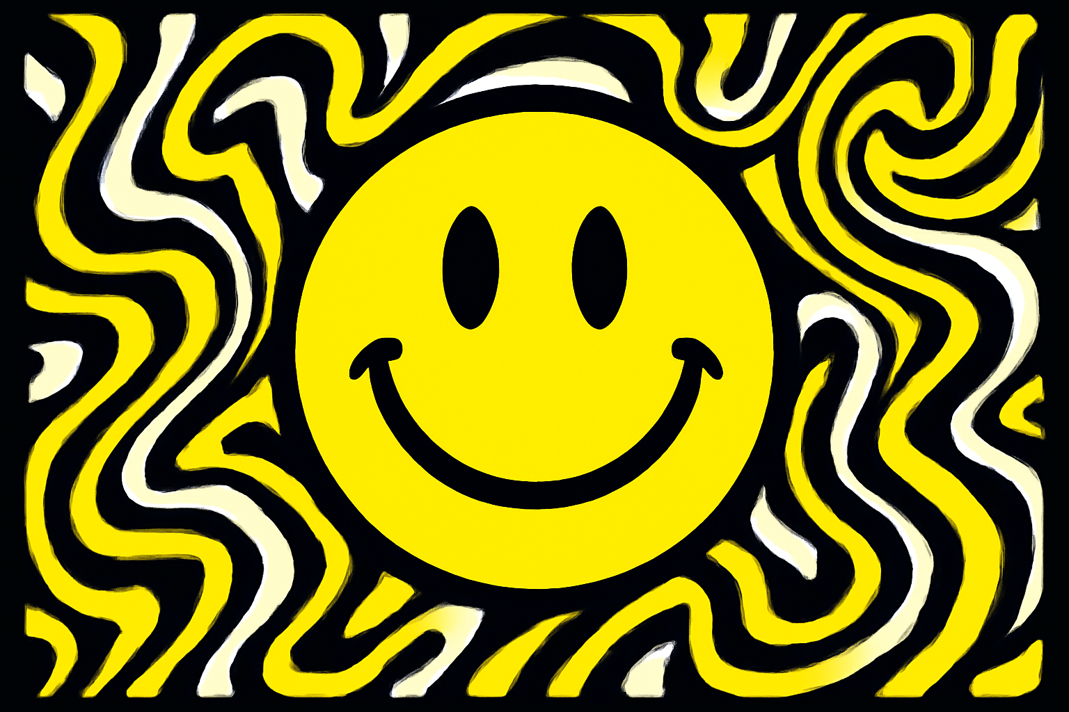 Smiley jaune acid house sur fond noir avec motifs psychedeliques