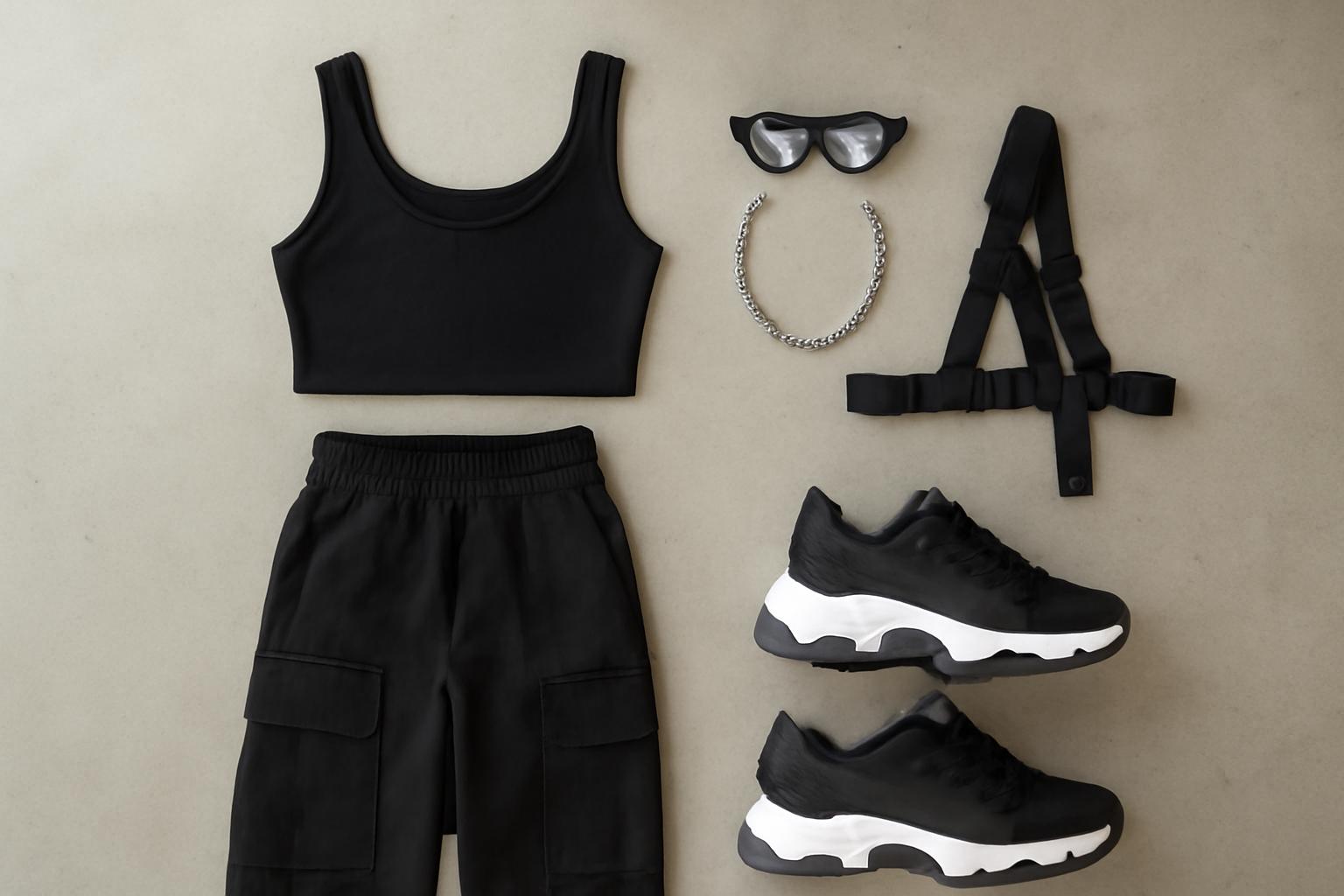 Flatlay des pieces essentielles pour outfit techno femme