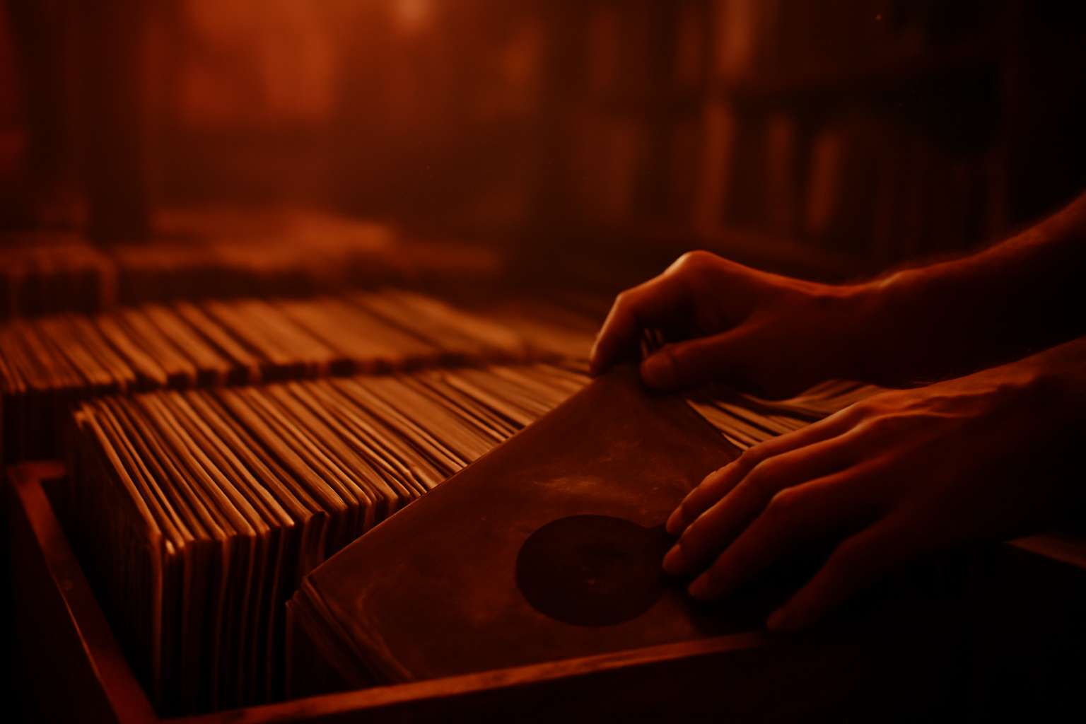 Mains feuilletant un bac de vinyles techno chez un disquaire, ambiance chaude