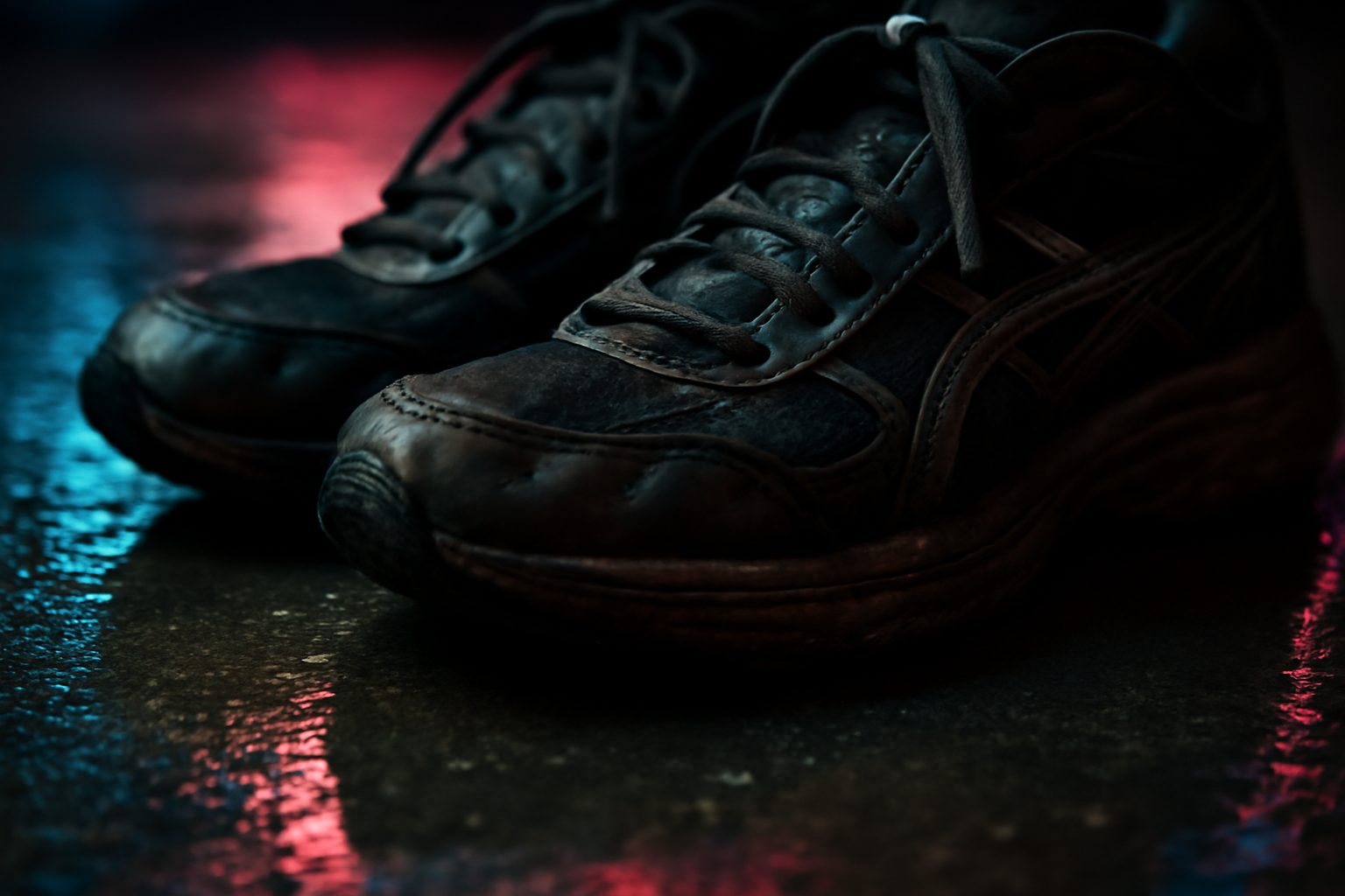 Gros plan sur une paire de baskets noires rodées posées sur le béton mouillé d un club