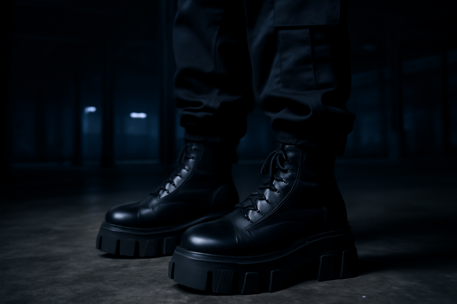 Boots chunky noires et cargo pants dans un warehouse techno