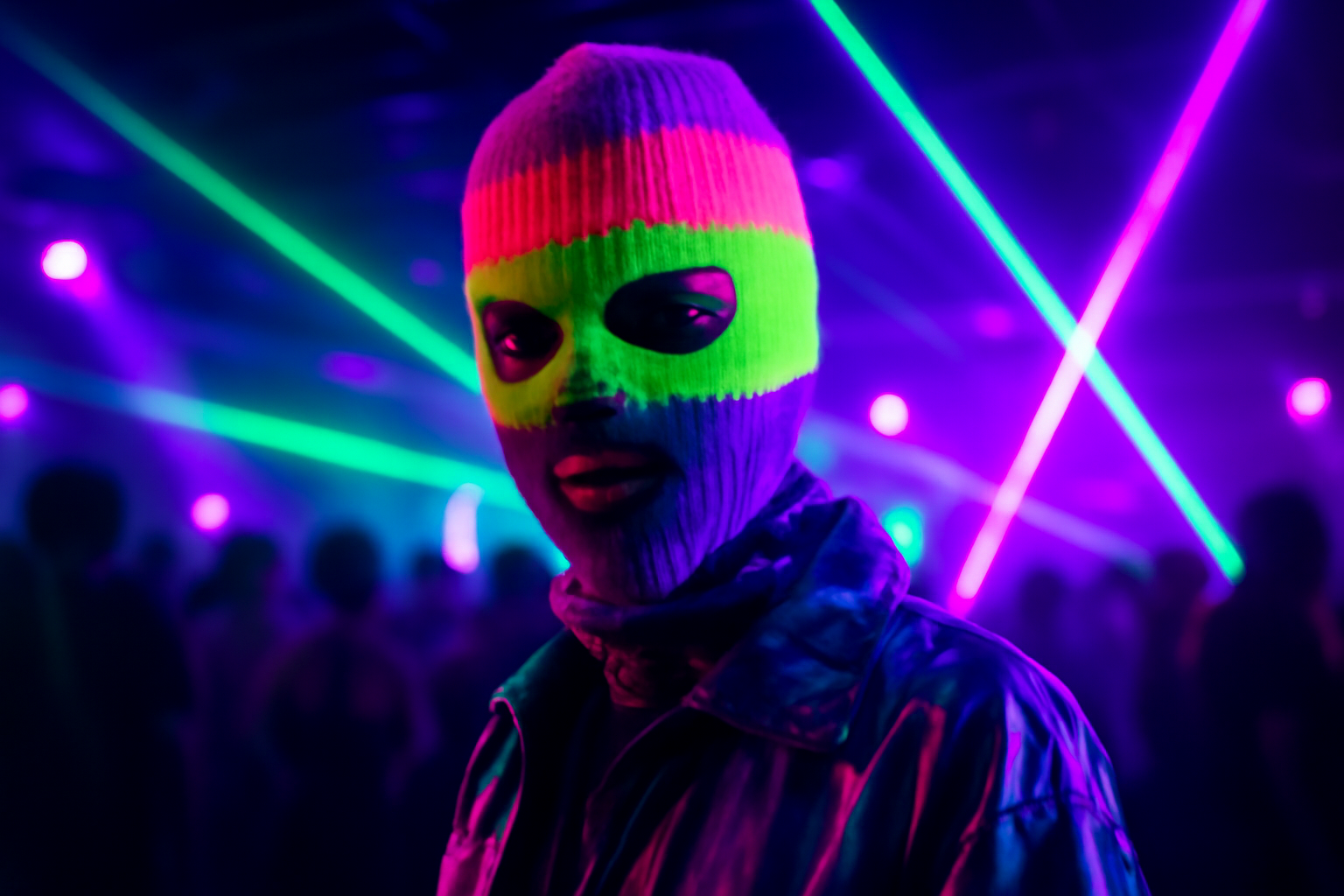 Personne portant une cagoule néon lors d'une soirée techno