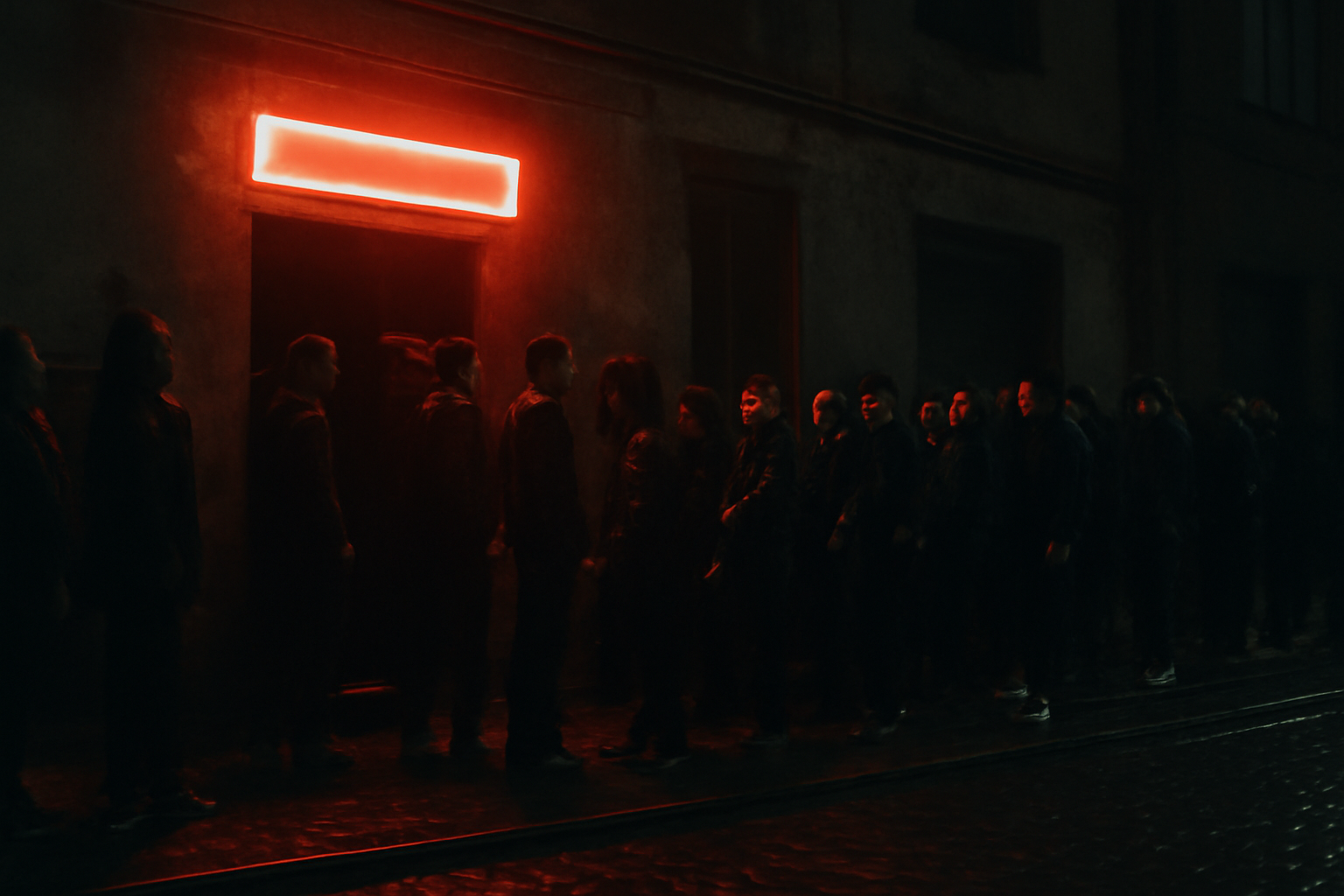 Queue devant un club techno underground en pleine nuit