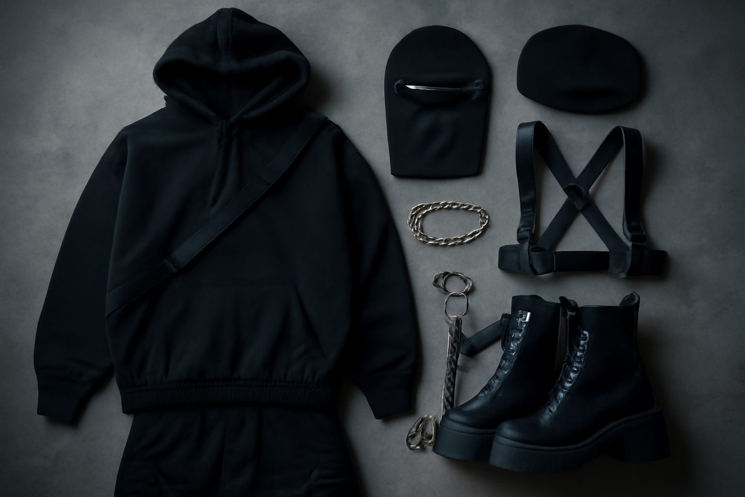 Flat lay d une tenue dark techno complète : hoodie oversize, cargo, harnais cuir, boots plateformes, chaîne et balaclava posés sur béton