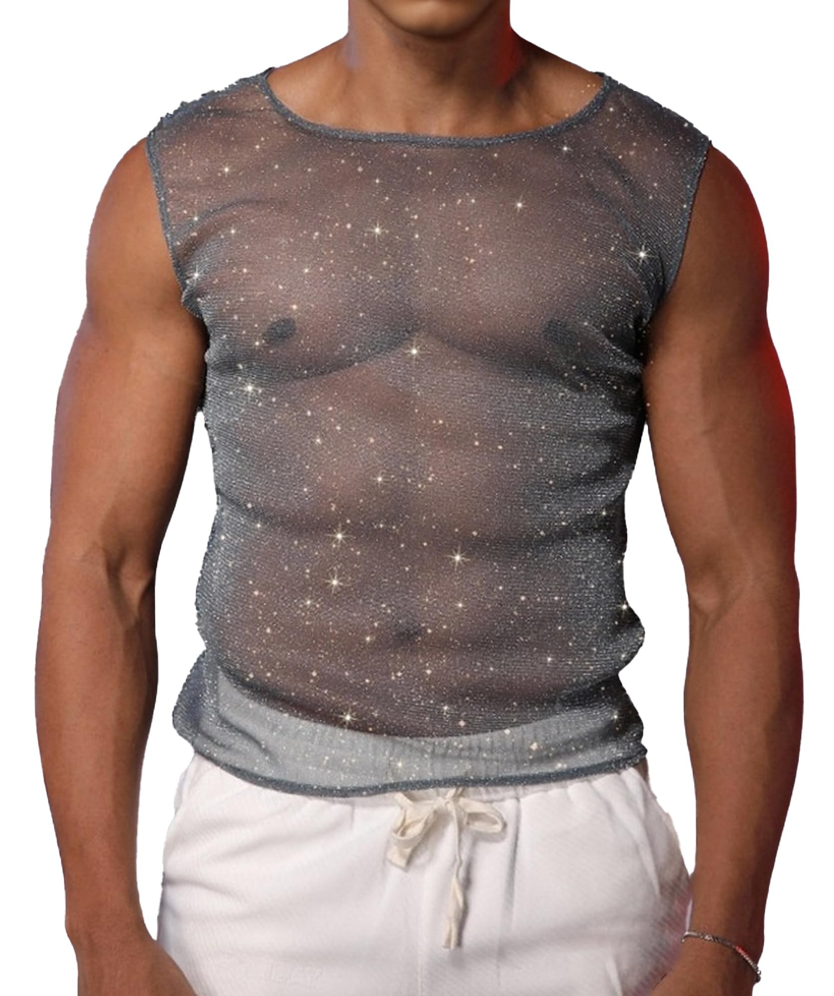 debardeur paillettes homme maille transparente clubwear soirée rave techno