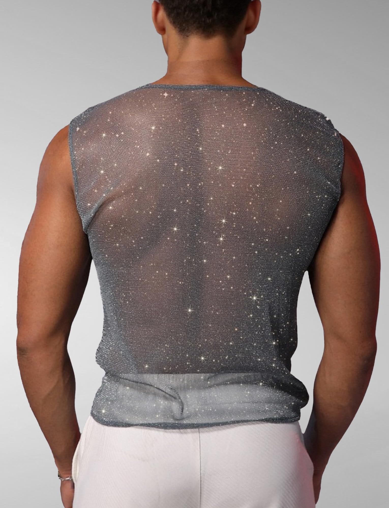 debardeur paillettes homme maille transparente clubwear soirée rave techno - photo 2