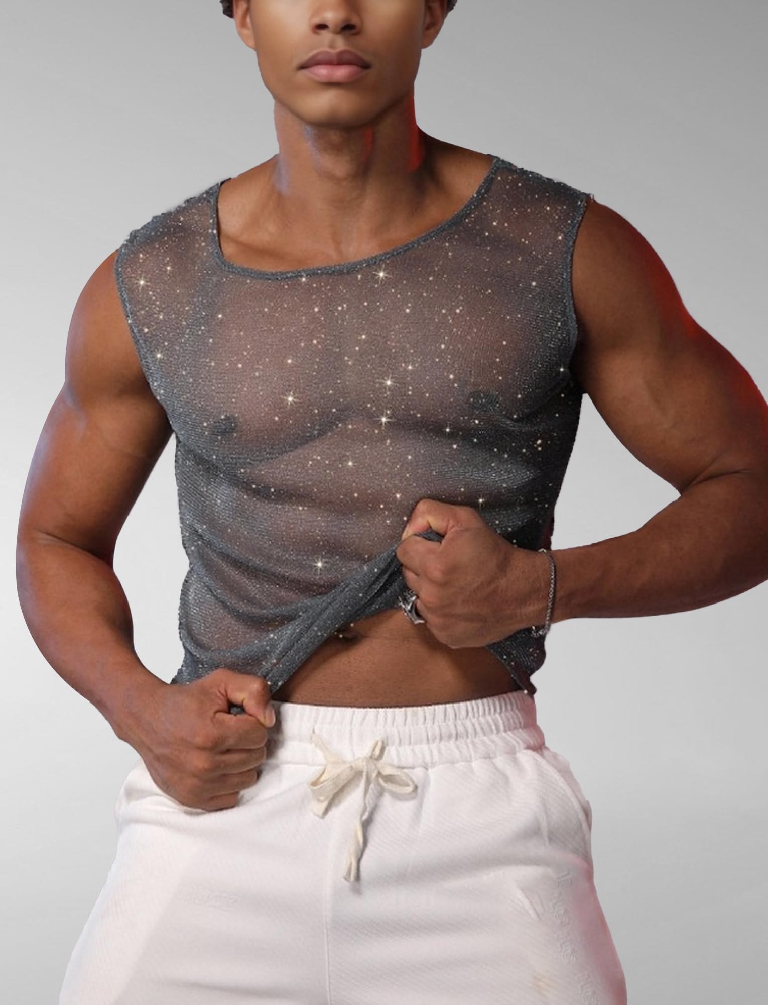 debardeur paillettes homme maille transparente clubwear soirée rave techno - photo 3