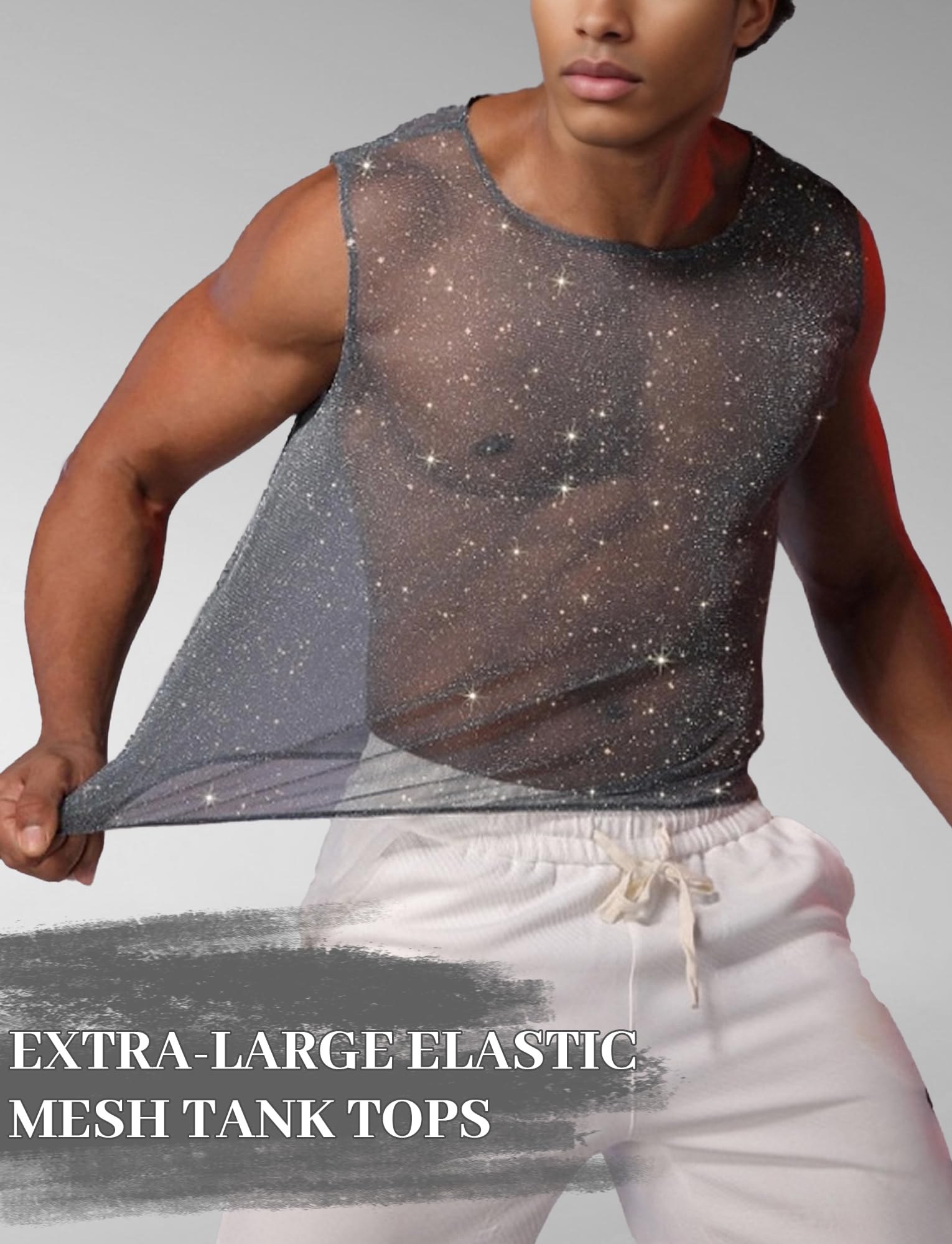 debardeur paillettes homme maille transparente clubwear soirée rave techno - photo 4