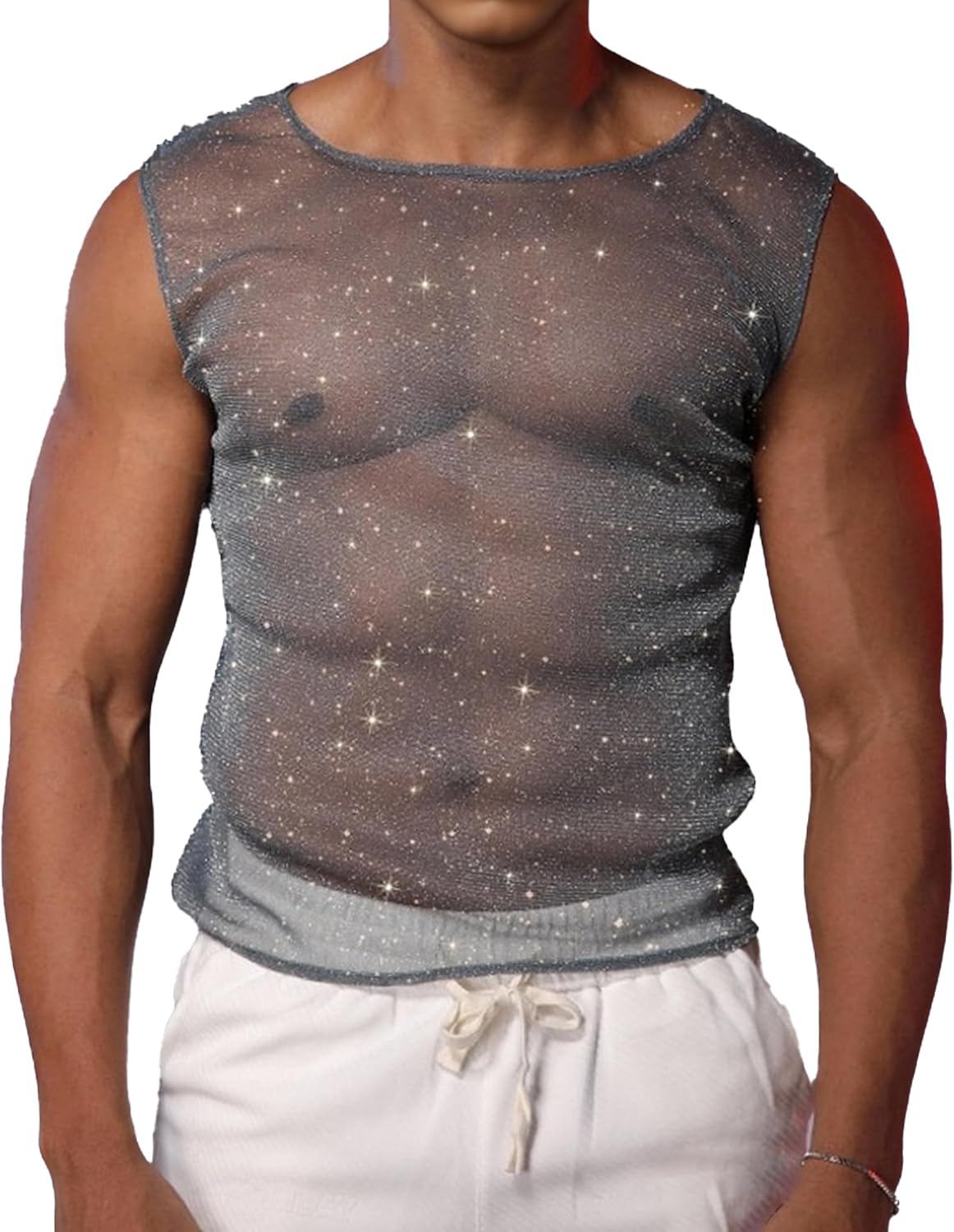 Debardeur Paillettes Homme Maille Transparente