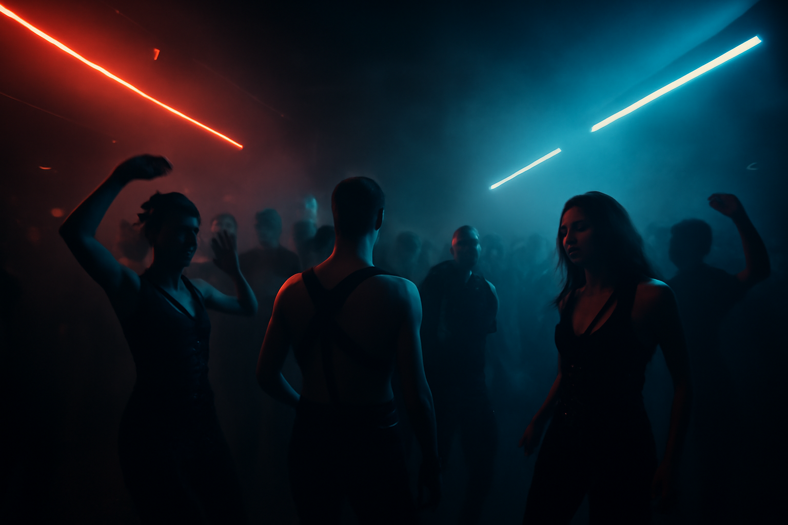 Intérieur de club techno avec danseurs en tenue noire, éclairage néon rouge et bleu