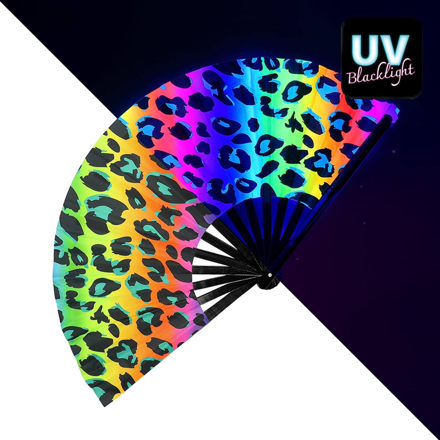 éventail UV léopard arc-en-ciel blacklight XL rave festival carnaval lumière noire - photo 3