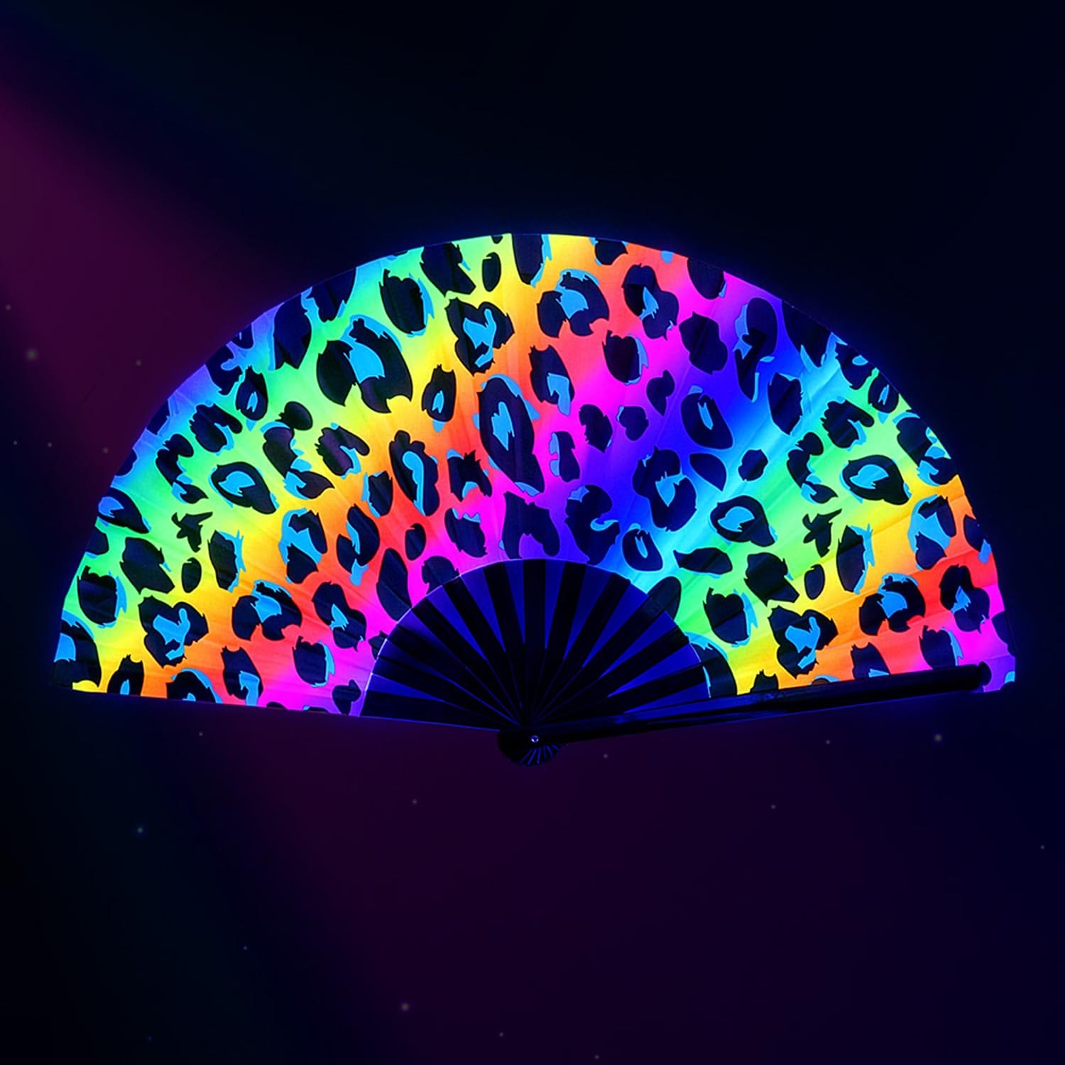 éventail UV léopard arc-en-ciel blacklight XL rave festival carnaval lumière noire - photo 5