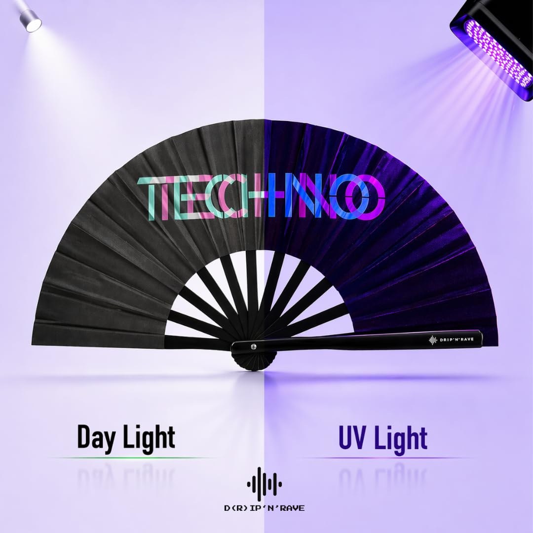éventail UV techno bambou noir lueur verte glow festival rave club blacklight - photo 2