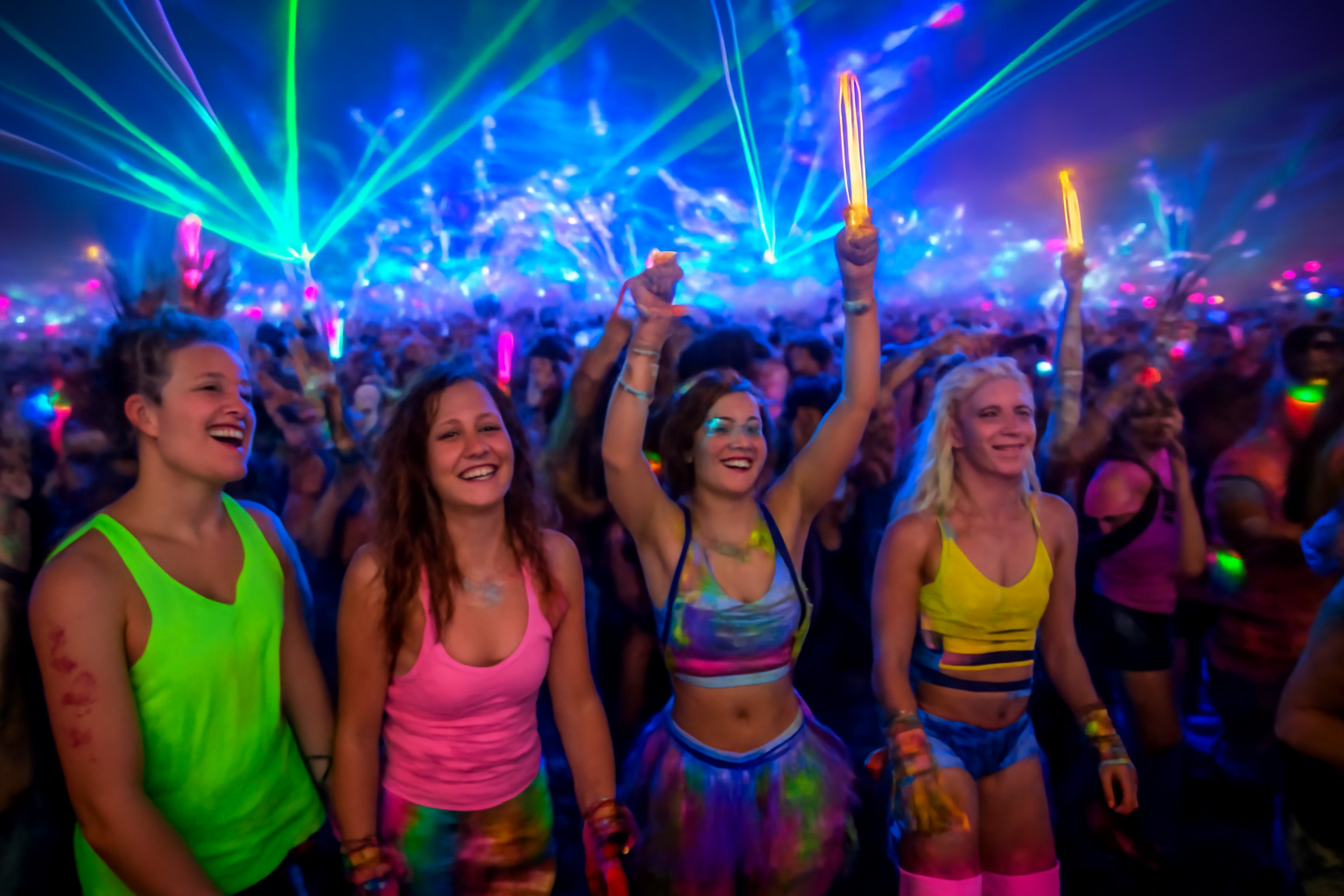 Look rave annees 2000 2010 EDC neon glitter holographique