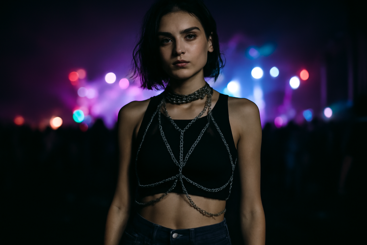 Femme avec body chain et harnais en festival rave