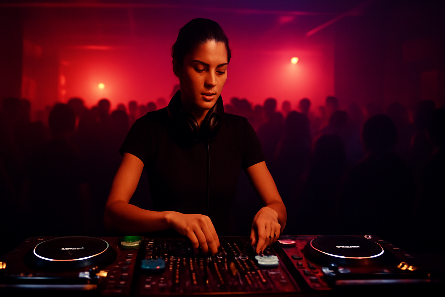 Femme DJ techno aux platines dans un club Berlin