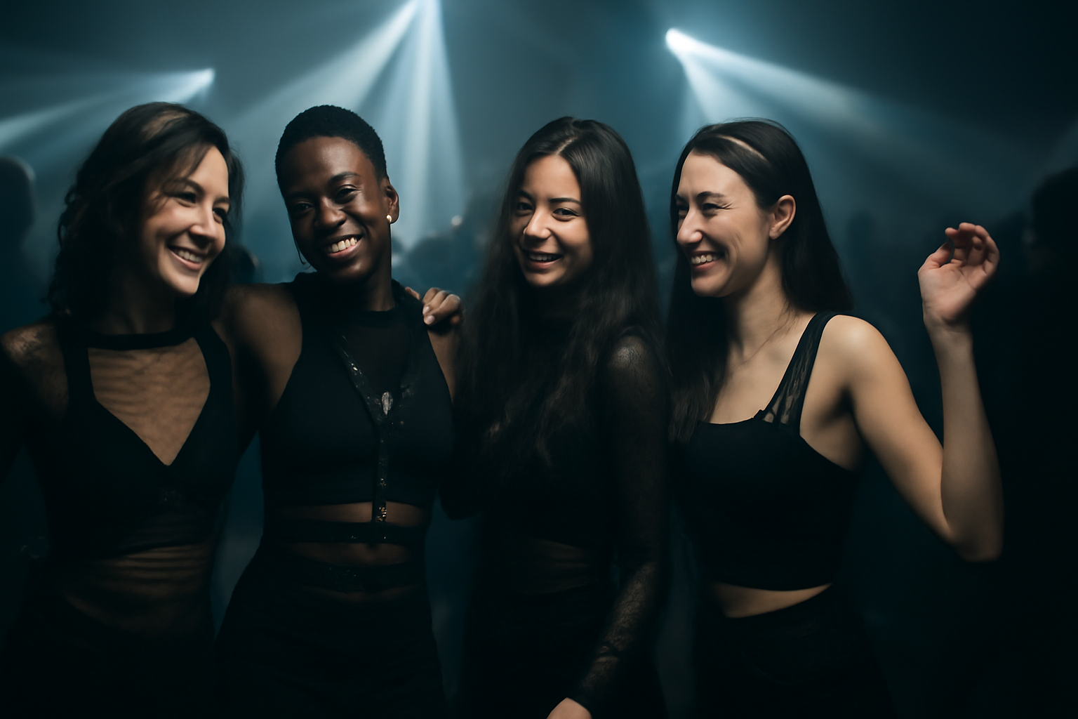 Groupe d'amies dansant ensemble safe space rave techno