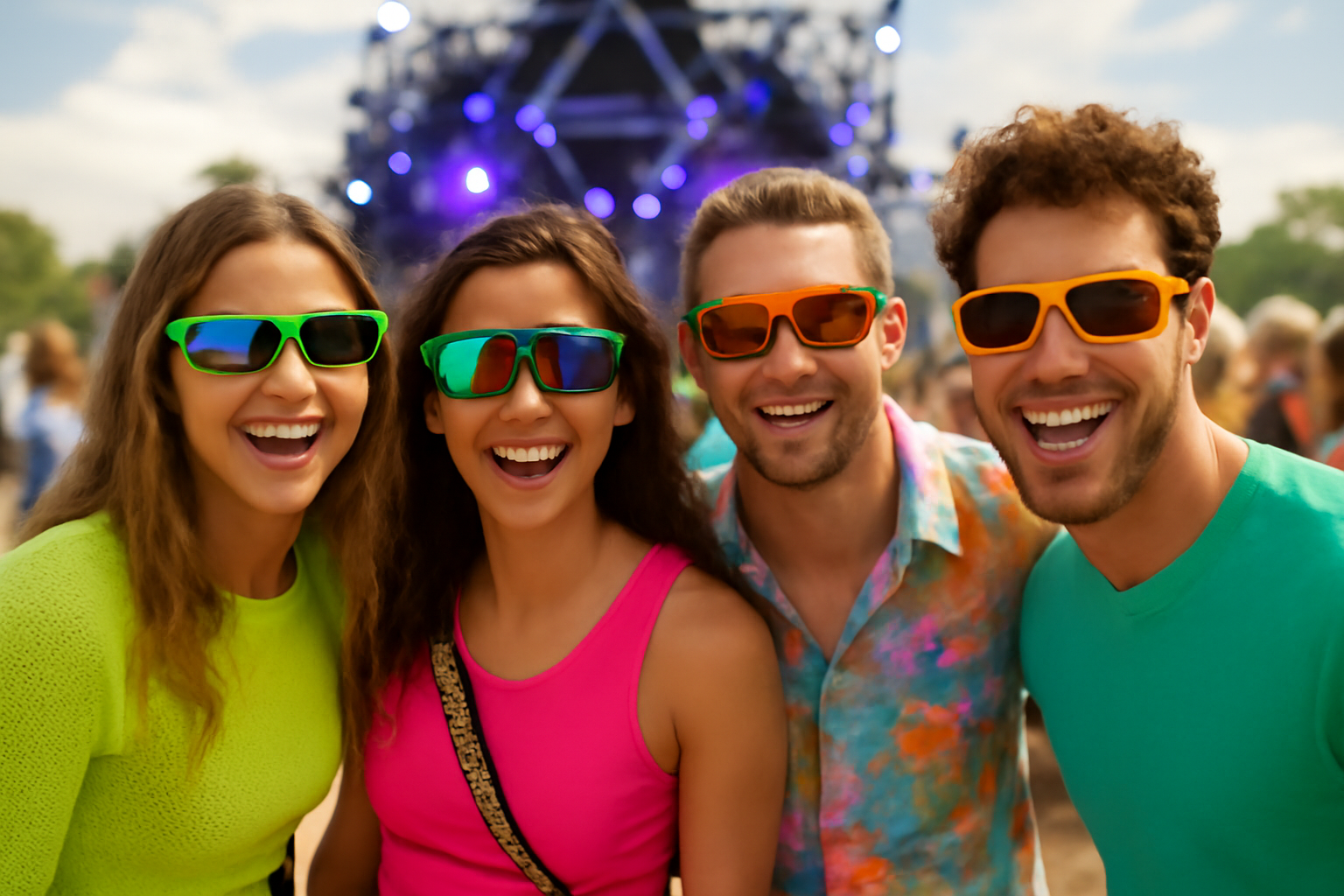 Groupe de festivaliers portant différents styles de lunettes de rave