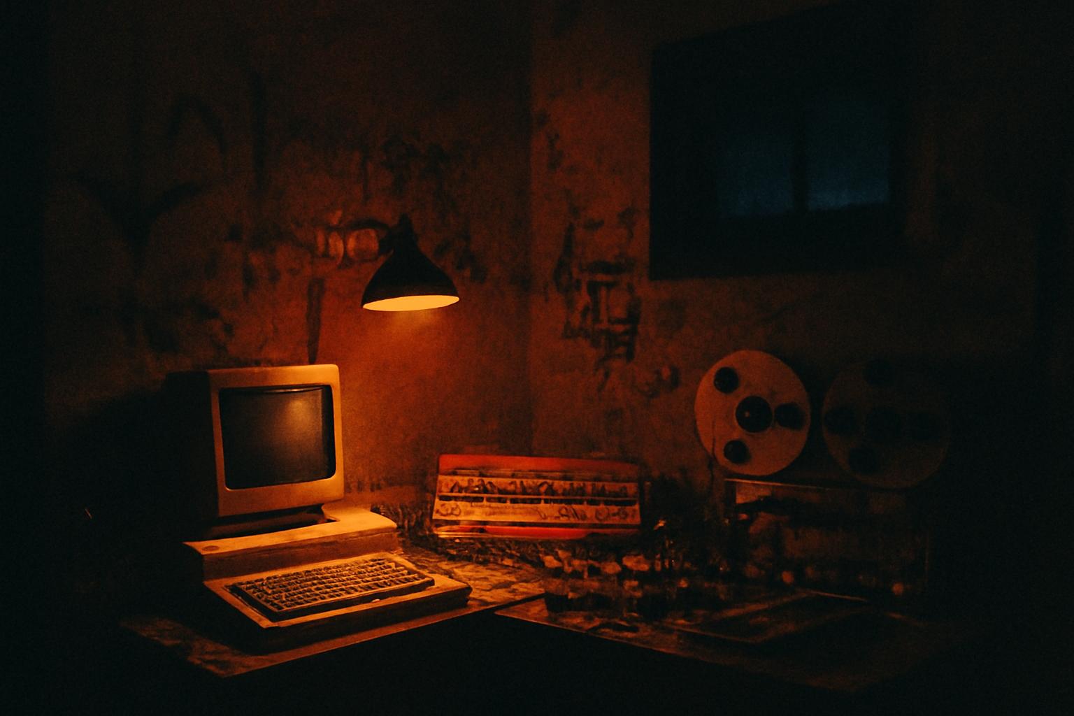Petit studio garage des années 90 à Rome avec ordinateur Commodore, boîte à rythmes et câbles