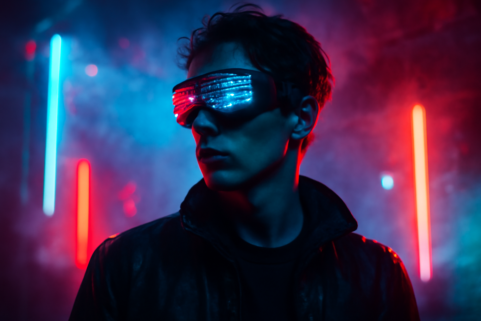 Goggles cyberpunk LED portés en soirée techno avec néons