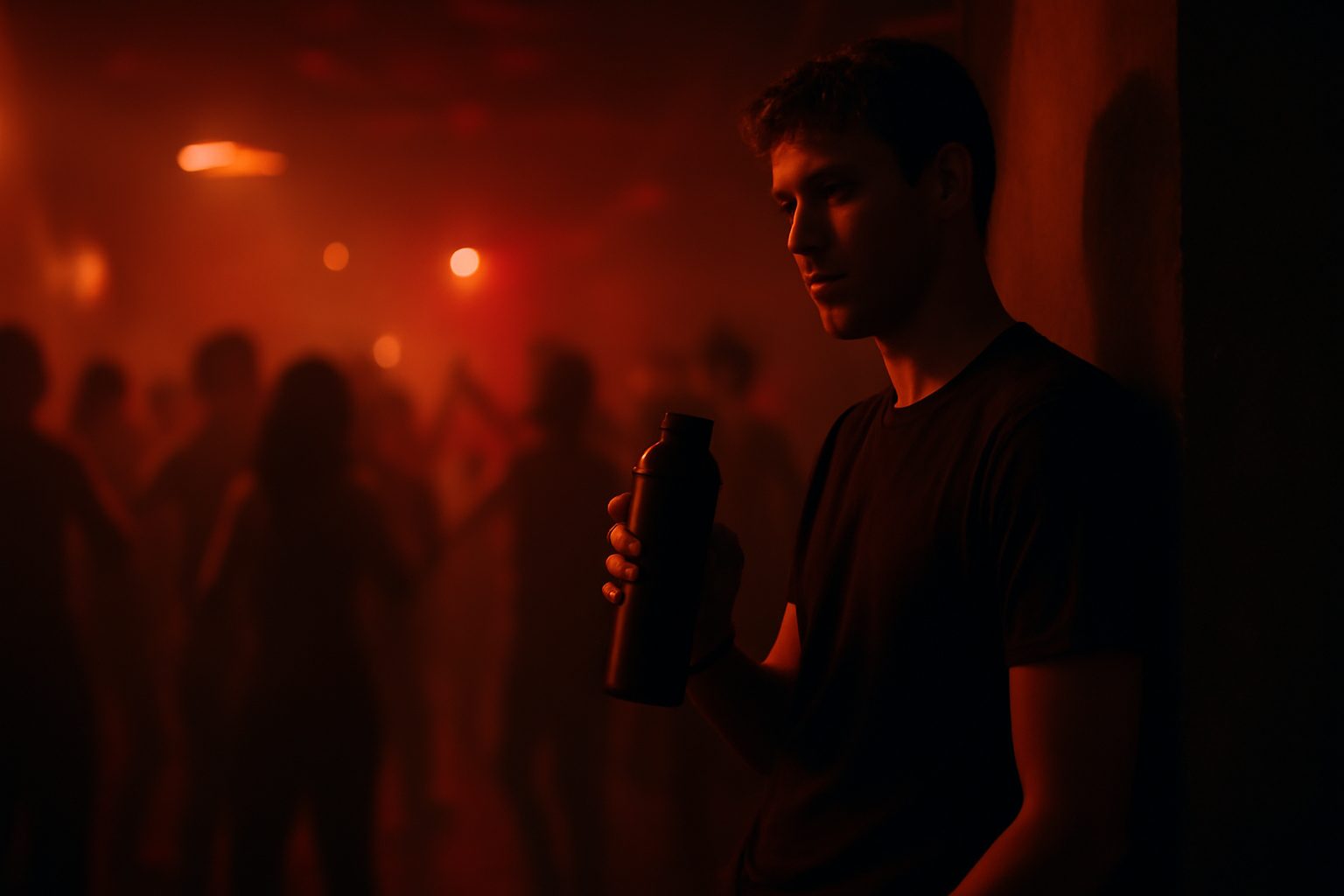 Raver faisant une pause hydratation avec une gourde dans un club techno