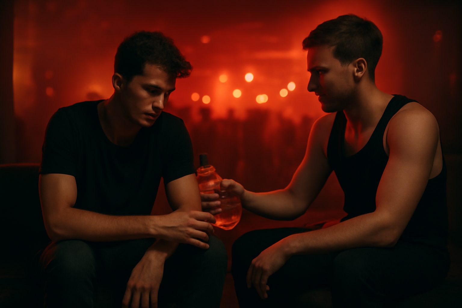Deux amis au repos dans la zone fraîche d'une soirée techno, l'un tendant de l'eau à l'autre