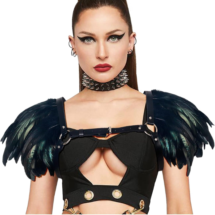 harnais techno femme plumes noir