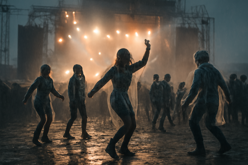 Lire la suite à propos de l’article Rave sous la pluie : mon guide de survie (boue, style et matos) en festival techno