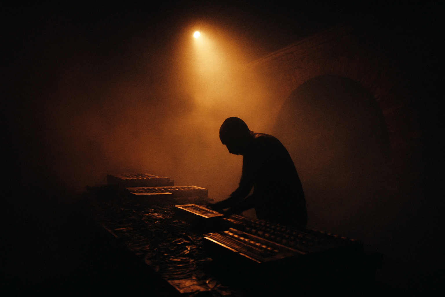Silhouette d’un producteur techno penché sur ses synthétiseurs analogiques dans une cave romaine
