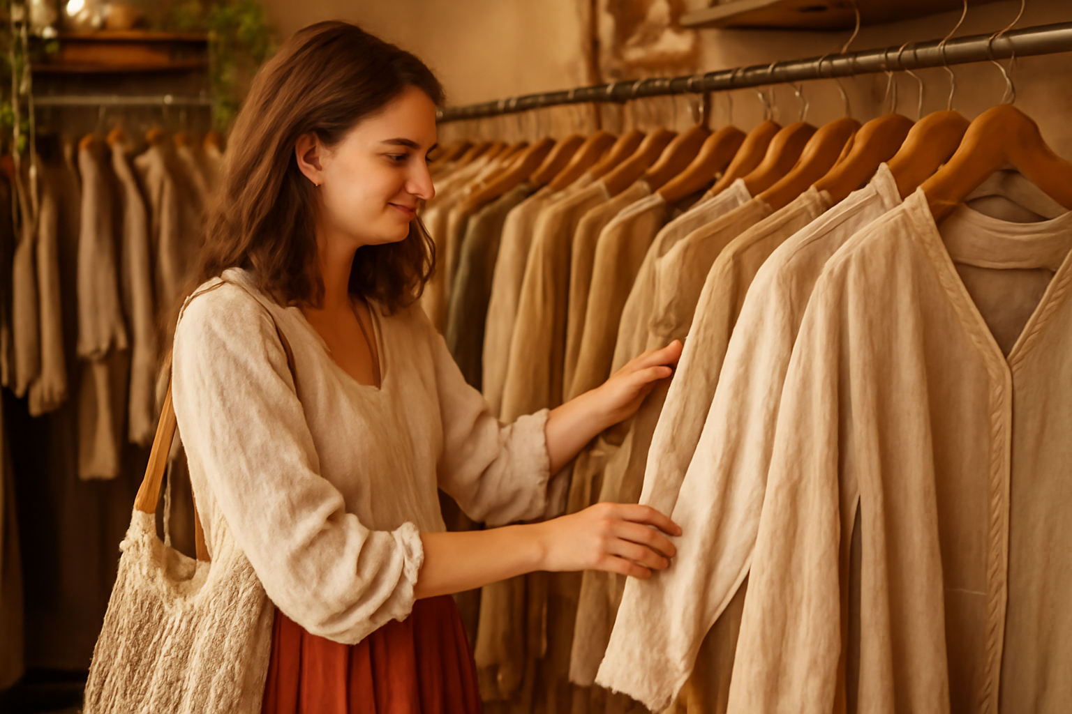 Femme parcourant un portant de vetements vintage dans une friperie