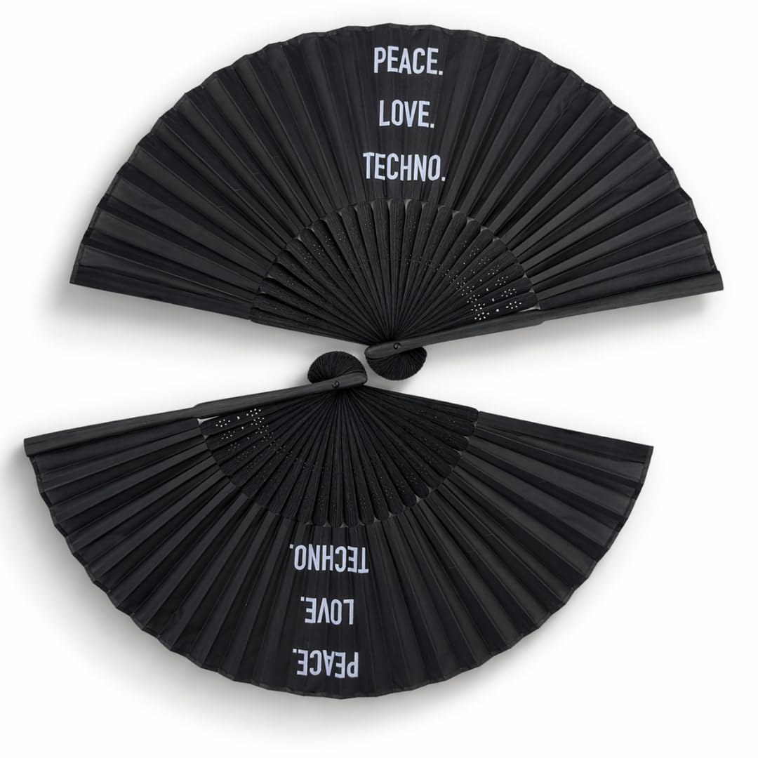 éventail bambou noir peace love techno pour rave festival pliable lot 2