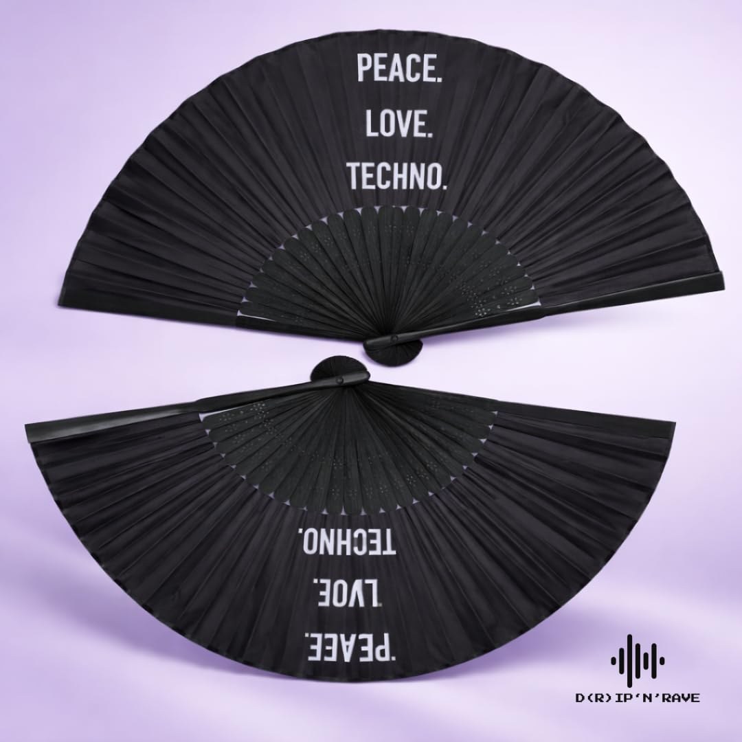 éventail bambou noir peace love techno pour rave festival pliable lot 2 - photo 5