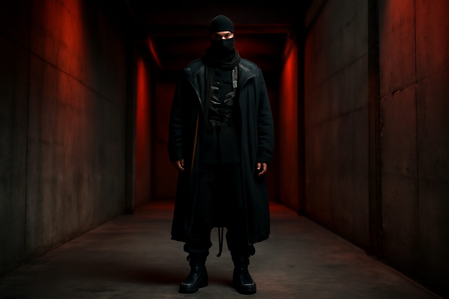 Silhouette masculine dans un couloir industriel en tenue dark techno layered avec trench noir, harnais cuir et combat boots