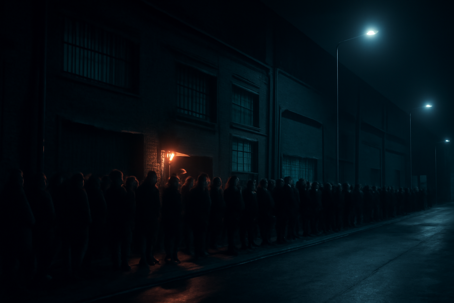 File de personnes attendant devant un club techno la nuit, ambiance industrielle