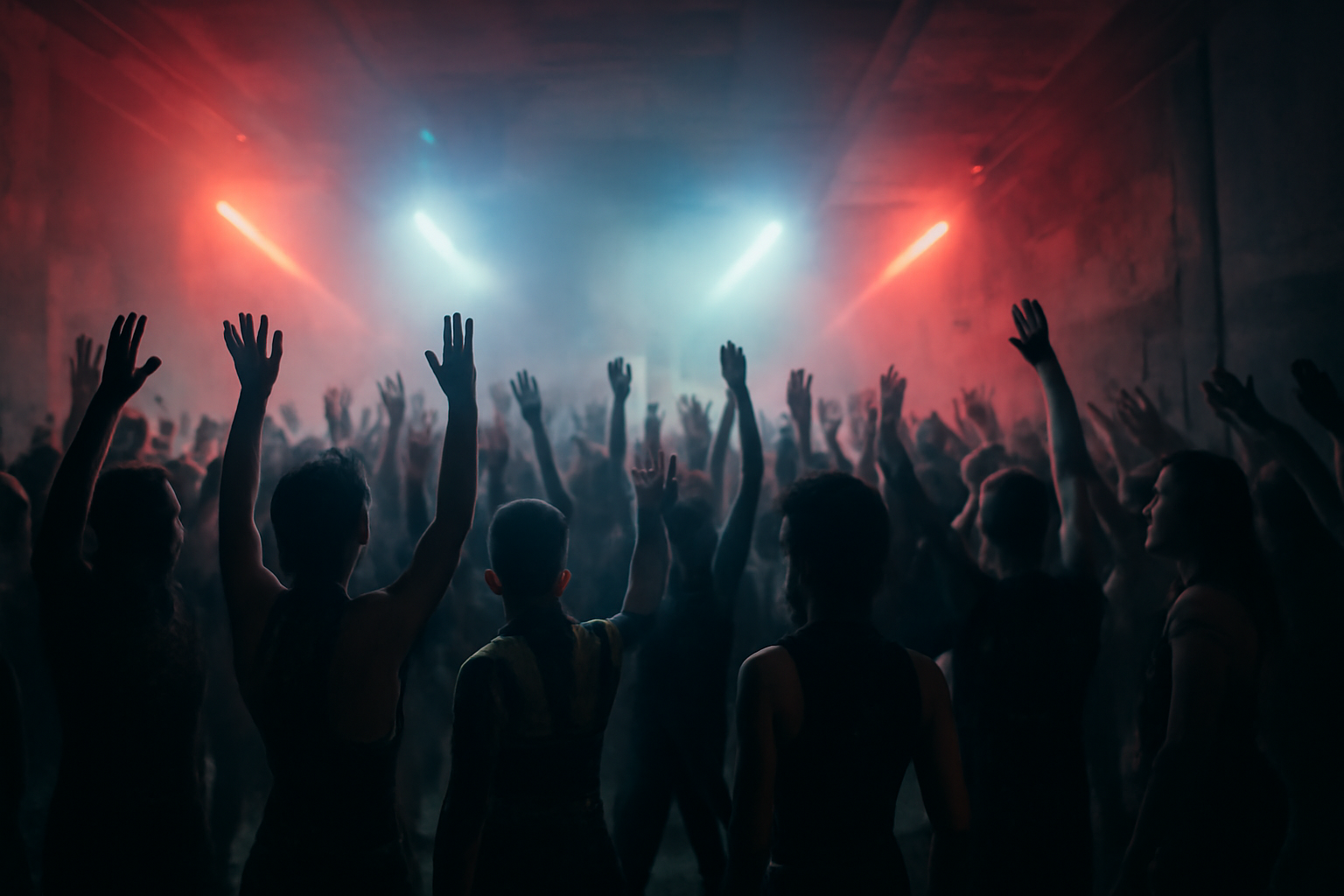 Dancefloor underground techno bondé, raveurs bras levés, fumée et strobes
