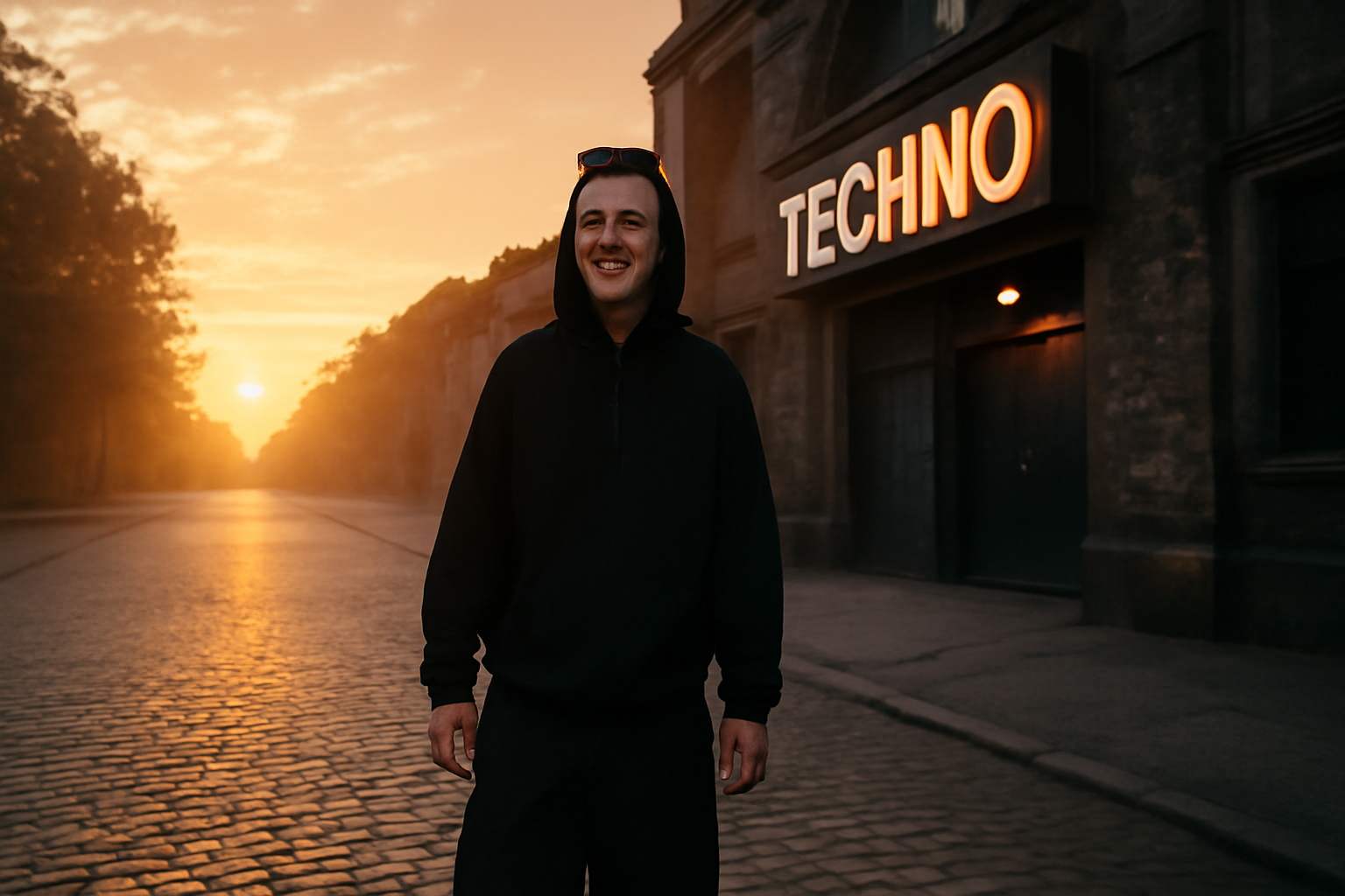 Raver souriant à l'aurore après une nuit de techno sobre