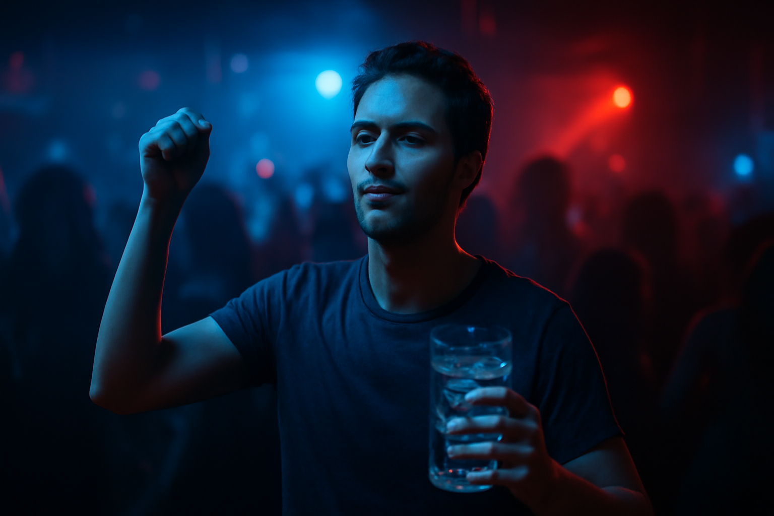 Raver sobre dans un club techno avec verre d'eau pétillante