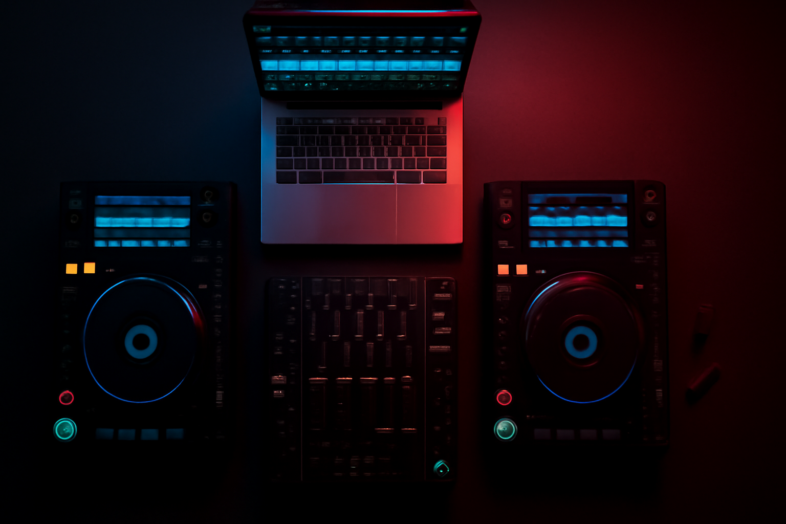 Setup DJ digital vu de haut : deux lecteurs CDJ, un mixeur et un ordinateur portable