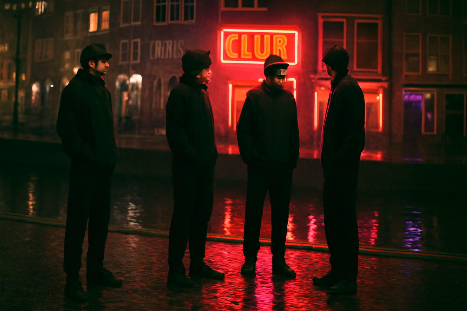 Ravers en outfit noir minimaliste techwear devant un club techno a Amsterdam la nuit