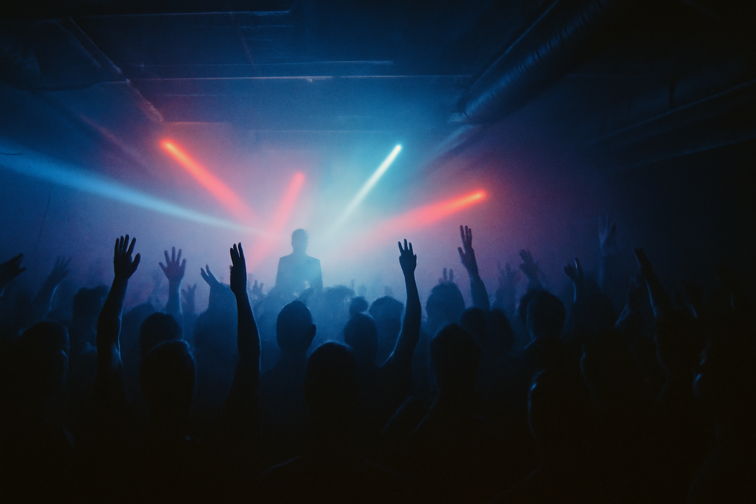Foule en transe dans un club tech house, lumieres bleues et rouges