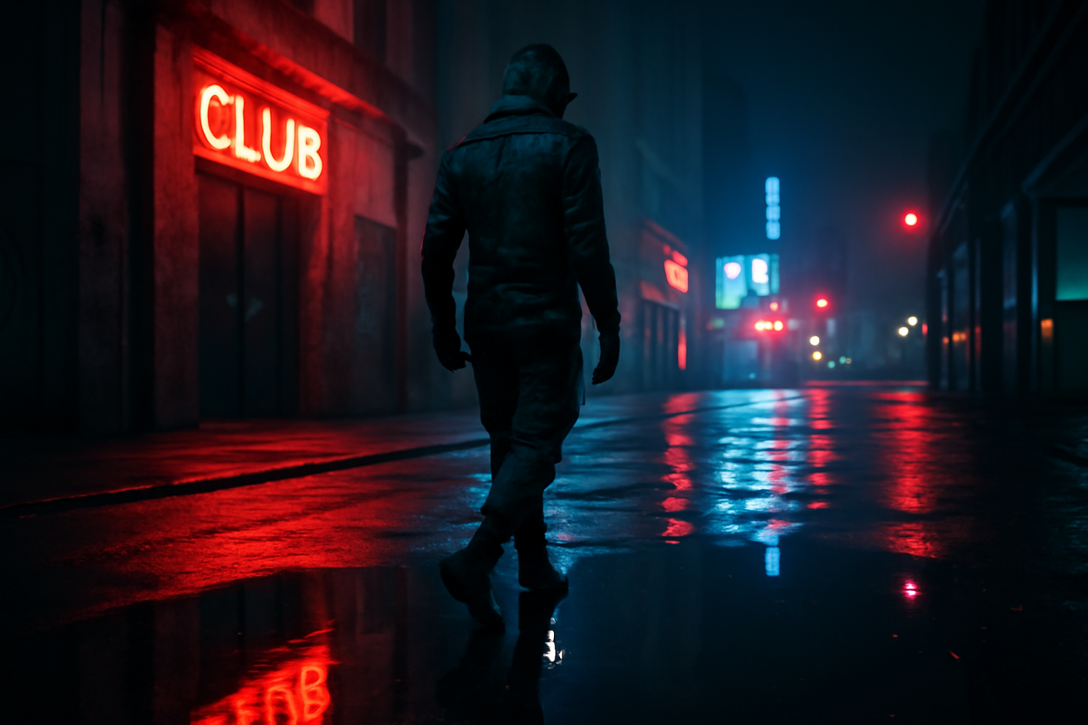 Silhouette noire repartant d'un club berlinois la nuit, reflet dans flaque d'eau