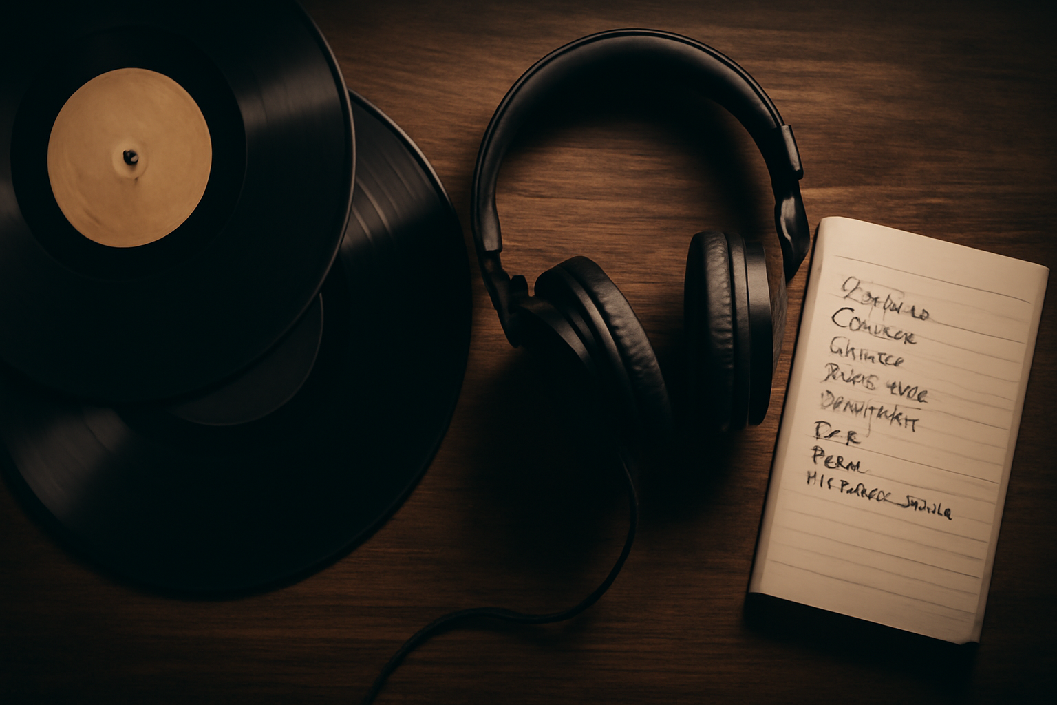 Vinyles et casque sur table en bois avec liste de DJ techno manuscrite