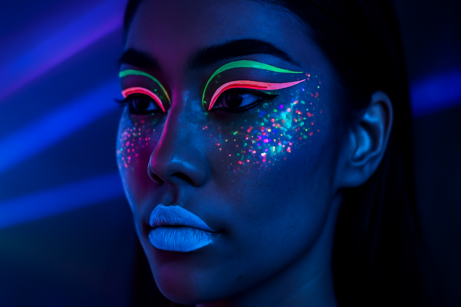 Maquillage rave UV neon avec glitter et eyeliner graphique