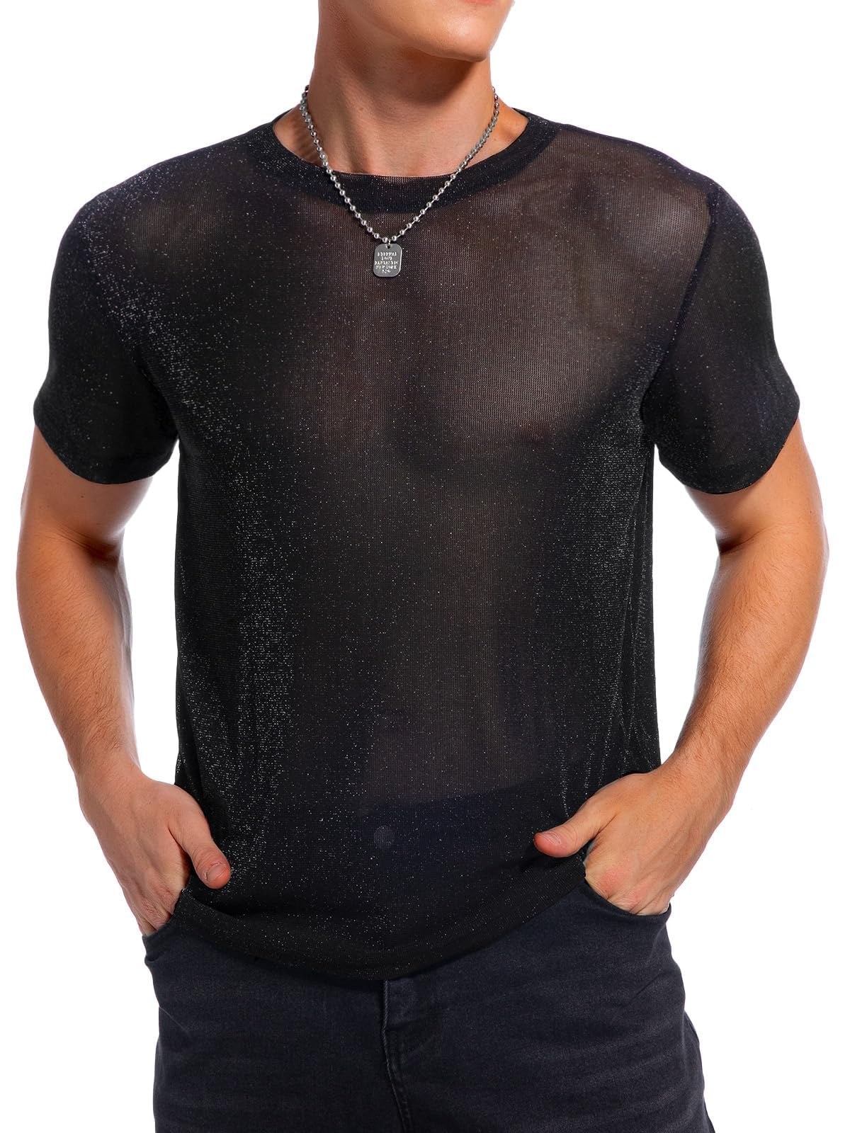 top résille paillettes homme transparent soirée techno clubwear