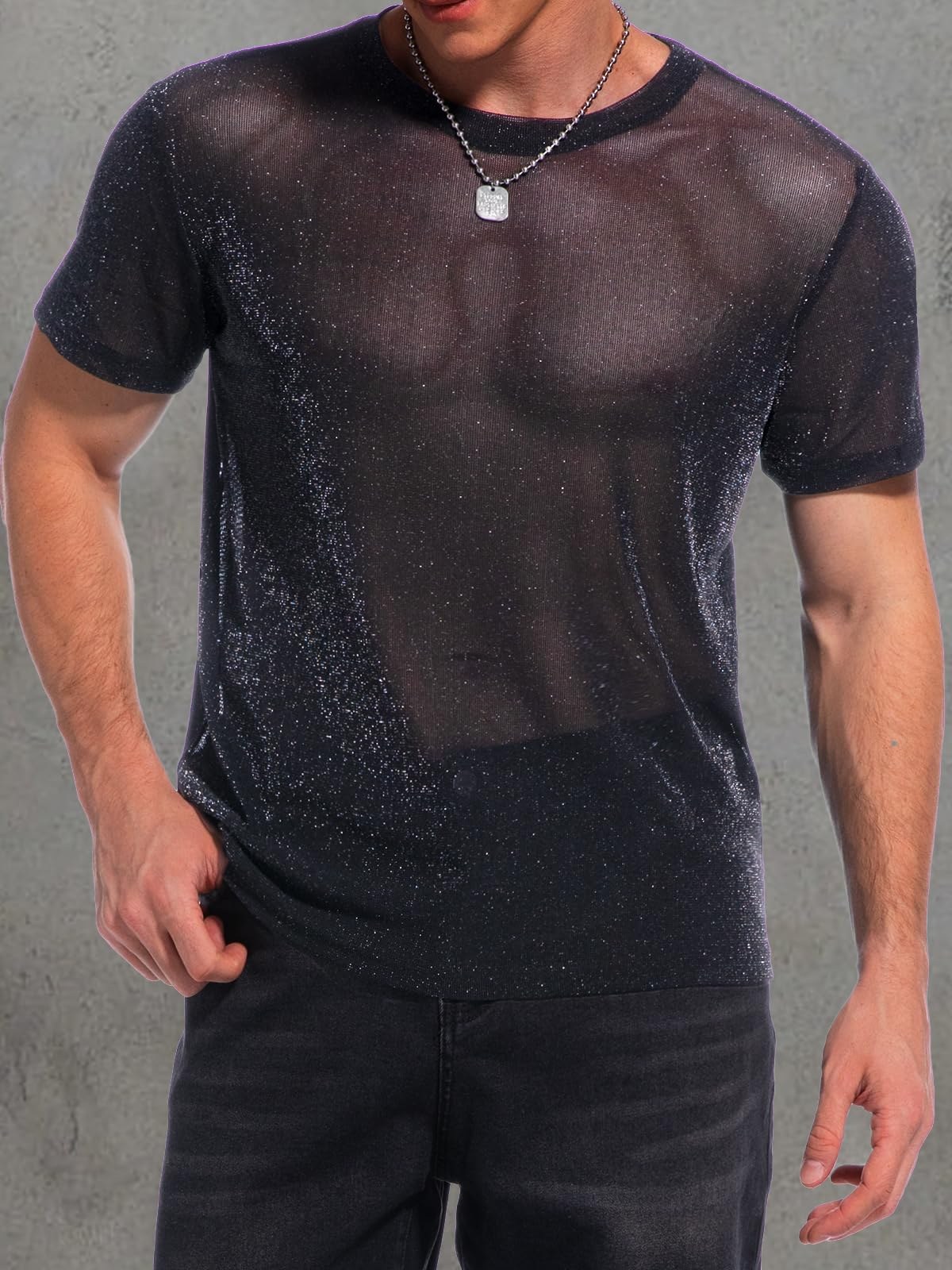 top résille paillettes homme transparent soirée techno clubwear - photo 3